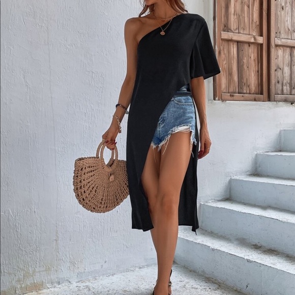 Boho Green Plain One Shoulder Asymmetrical Hem Blouse - Picture 7 of 13